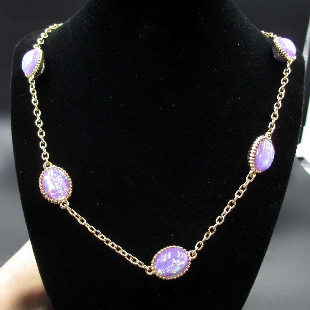 30 Inch Gold Tone Purple Rainbow Stones Necklace